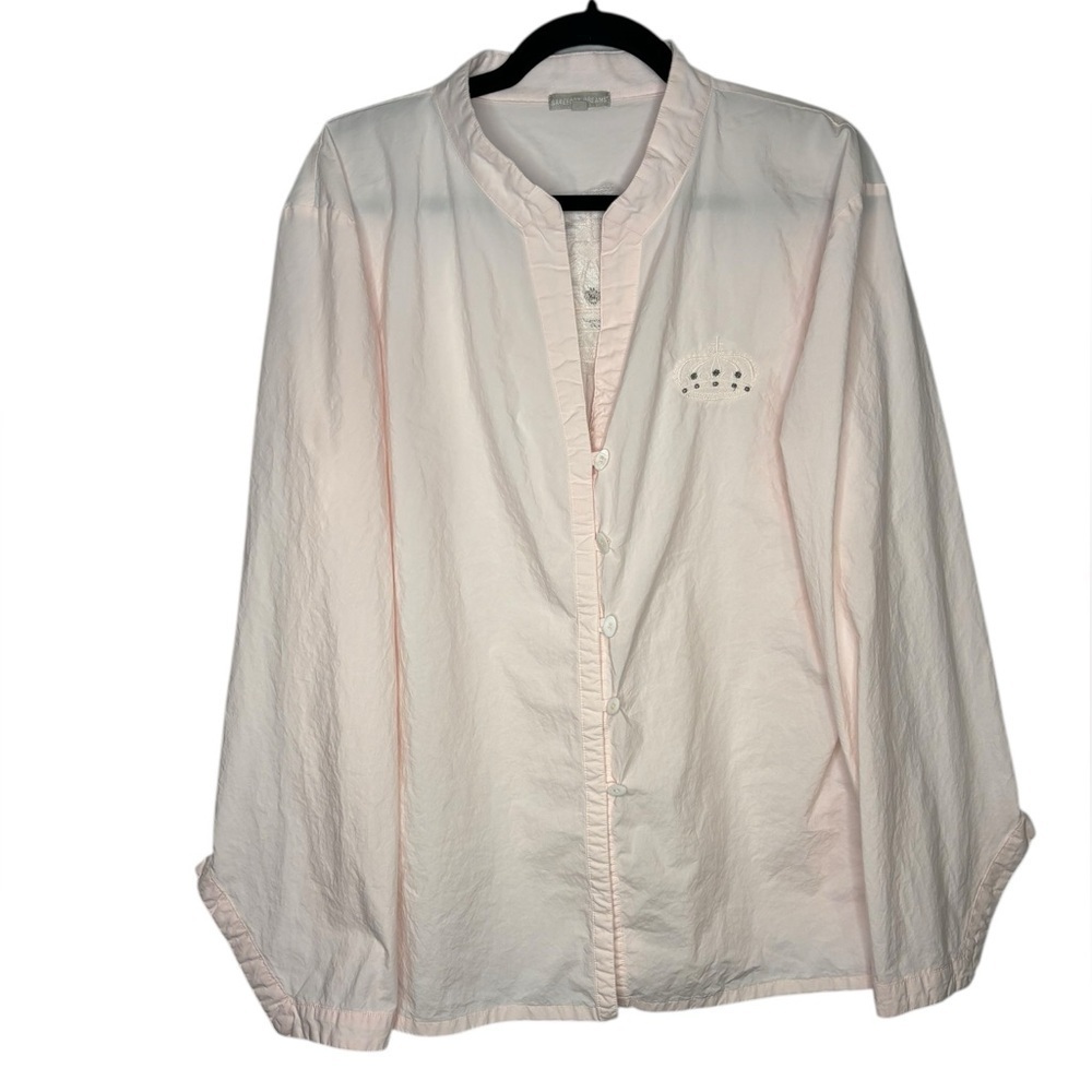 Barefoot Dreams Light Pink Pima Cotton Button Front Crown Embroidered Top XL
